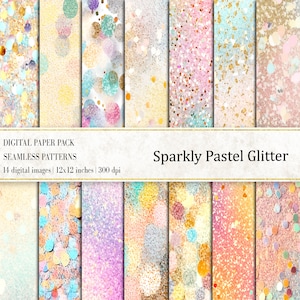 Könnte beinhalten: Ein digitales Papierpaket mit 14 nahtlosen Mustern mit glitzerndem pastellfarbenem Glitzer in verschiedenen Farben. Die Muster sind 12x12 Zoll groß und haben eine Auflösung von 300 dpi.