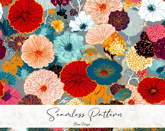 May include: A seamless pattern featuring a variety of colorful flowers in shades of red, orange, blue, pink, and white. The flowers have intricate details and are set against a gray background. The text "Seamless Pattern" and "Benn Designs" are also present.