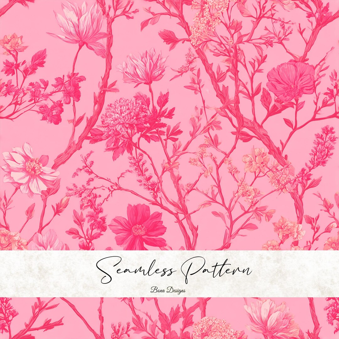 Pink Line Art Floral Seamless Pattern: Floral Bloom Fabric Print ...