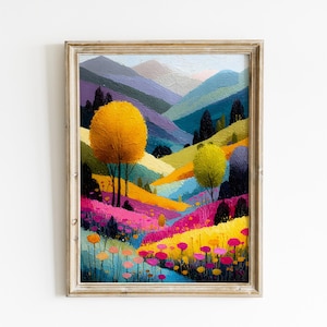 May include: A framed landscape painting featuring rolling hills, mountains, and trees in a vibrant color palette of yellow, pink, blue, and purple. The textured artwork depicts a meadow filled with colorful flowers under a soft sky.