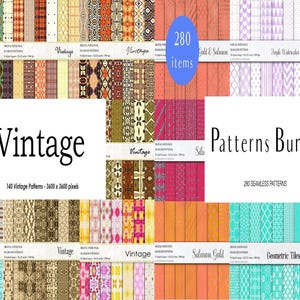 K&ouml;nnte beinhalten: Eine digitale Collage aus 280 nahtlosen Mustern, darunter 140 Vintage-Muster, 28 Lachs-Gold-Muster und 56 geometrische Fliesenmuster. Die Muster sind in verschiedenen Farben und Stilen gehalten, darunter geometrische, florale und abstrakte Muster.