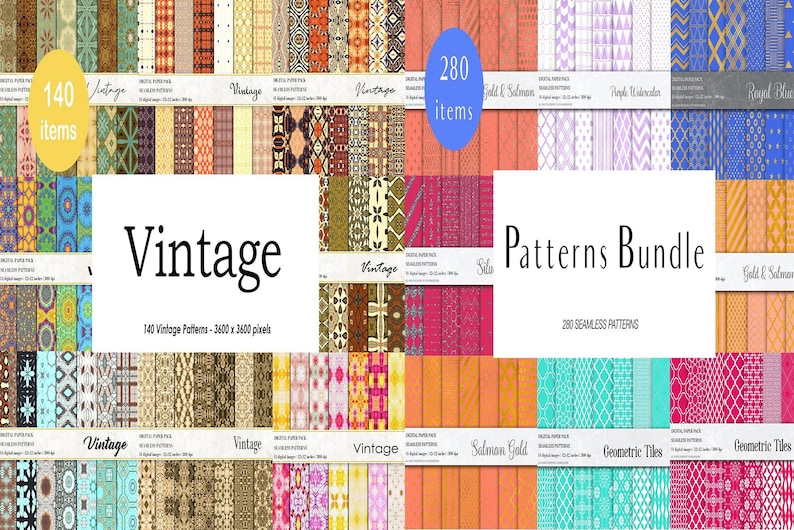 K&ouml;nnte beinhalten: Eine digitale Collage aus 280 nahtlosen Mustern, darunter 140 Vintage-Muster, 28 Lachs-Gold-Muster und 56 geometrische Fliesenmuster. Die Muster sind in verschiedenen Farben und Stilen gehalten, darunter geometrische, florale und abstrakte Muster.