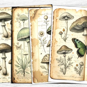 papiers vintage vert botanique indésirable, papiers numériques éphémères, téléchargement numérique, papiers de journal, champignon vintage, impression à base de plantes