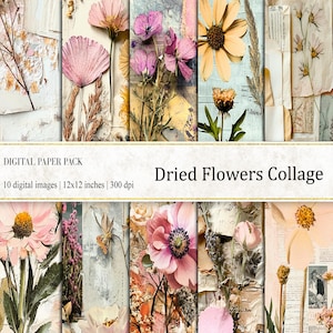 Papéis digitais de colagem de flores secas, papel floral, papel de jardim de chalé, papel botânico, papéis de diário efêmeros, papel de mídia mista floral