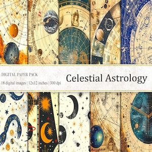 Papéis digitais de astrologia celestial, papéis digitais do zodíaco, papel de scrapbook espacial, papéis digitais místicos ocultos, papéis imprimíveis do zodíaco