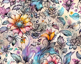 Estampa Floral Celestial Iridescente: Tecido Floral com Folhagem Vintage (Download Digital)
