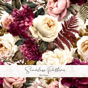 May include: A seamless floral pattern with white, pink, and burgundy flowers, including roses and peonies. The design incorporates botanical elements. The text "Seamless Pattern" and "Benn Designs" are displayed across the image.