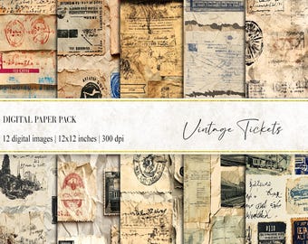 May include: A digital paper pack with 12 vintage ticket designs. The pack includes images of train tickets, stamps, and other ephemera. The images are in shades of brown, beige, and blue. The text "Vintage Tickets" is written in cursive at the top of the image.