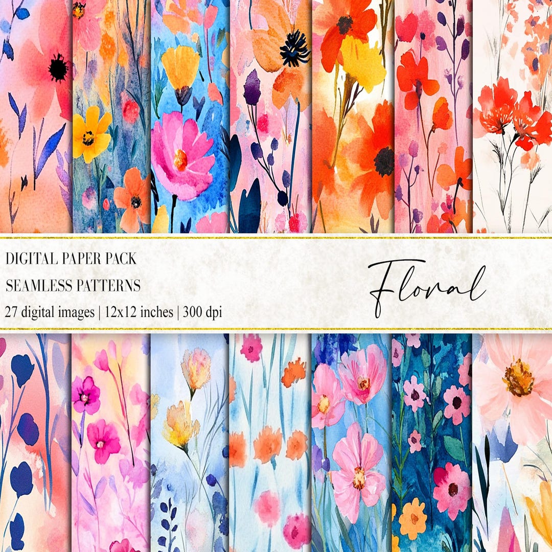 Watercolor Floral Digital Paper Set, Vibrant Spring Flowers (seamless ...