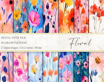 Watercolor Floral Digital Paper Set, Vibrant Spring Flowers (Seamless Pattern)