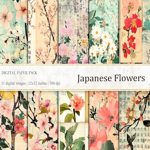 Papiers numériques fleurs japonaises, papiers pour journaux vintage, botanique japonaise, fleurs asiatiques pastel, feuille de collage numérique, collage japonais