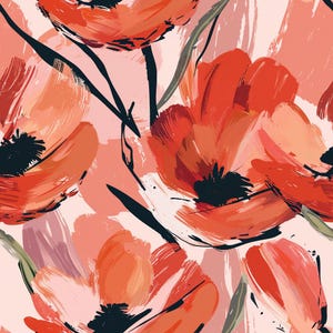 Könnte beinhalten: Ein nahtloses Muster mit ausdrucksstarken, malerischen Pinselstrichen von leuchtend roten und korallenfarbenen Mohnblumen auf einem zartrosa Hintergrund. Das florale Design enthält dunkel anthrazitfarbene Stängel und Blütenmitten.