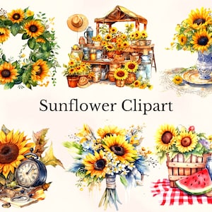 Watercolor Sunflower Clipart, 34 Sunflower Clip Art, Sunflower Png, Watercolor Summer Clipart, Commercial Use, Sunflower Decoration Clipart