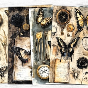 May include: A set of six digital collage sheets featuring vintage-inspired imagery, including butterflies, clocks, keys, and roses. The images are rendered in a watercolour style with a distressed, antique aesthetic.