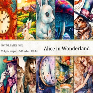 Alice in Wonderland Digital Papers, Alice in Wonderland Print, Watercolor Alice in Wonderland Digital Paper, Journal Papers, Digital Papers