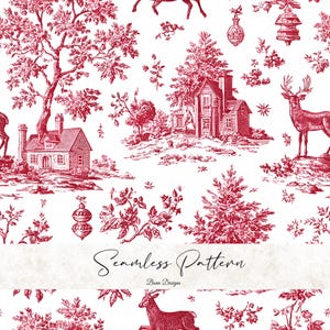 Op de afbeelding: Een naadloos patroon in rood en wit met een klassiek toile-ontwerp. Het patroon bevat illustraties van huizen, herten, bomen en bloemelementen. De woorden "Seamless Pattern" en "Bena Designs" zijn geschreven.
