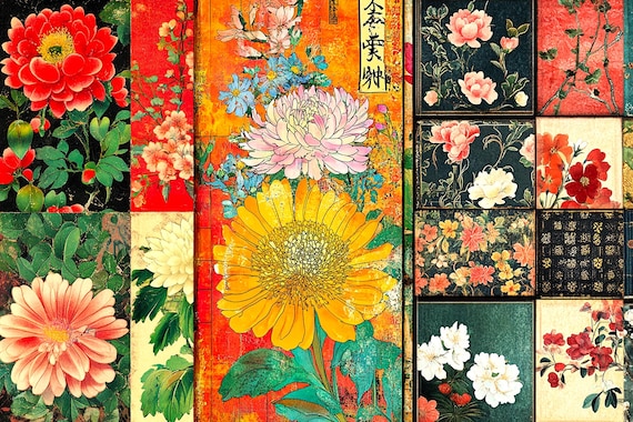 Vintage Japanese Floral Digital Paper: Botanical Collage (12x12
