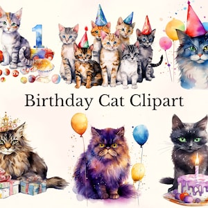 Watercolor Birthday Cat Clipart, 14 Birthday Cat Clip Art, Birthday Clip Art,Cat with Cake, Happy Birthday Clip Art, Commercial Use, Cat Png