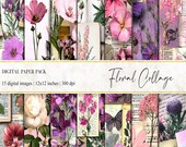 Floral Collage Digital Paper: Mixed Media, Scrapbook Printable (Digital Download)