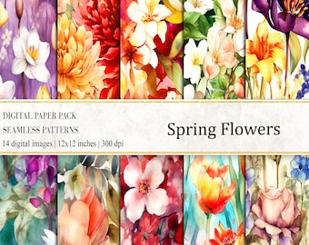 Watercolor Spring Floral Digital Paper: Seamless Flower Pattern (Digital Download)