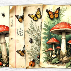 Papéis de diário de jardim botânico, papel digital de cogumelos, arte de ervas, cogumelos vintage, imprimíveis de primavera, imprimíveis botânicos