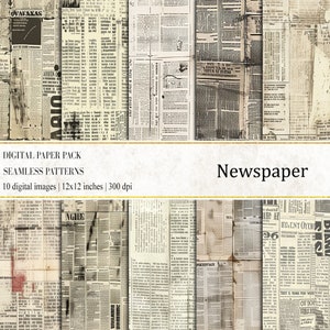 Puede incluir: Un paquete de papel digital de 10 patrones de periódico sin costuras. Cada patrón mide 30,5 x 30,5 cm y 300 dpi.