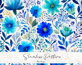 Blue Floral Seamless Pattern: Fabric Print (Digital Download)