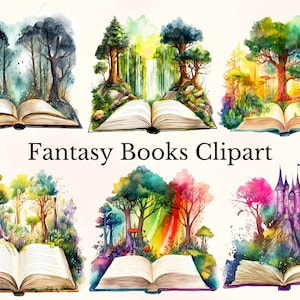 Aquarel Fantasy Books clipart, vintage stapelbibliotheek clipart, fantasy boeken, vintage illustraties, Fantasy Forest clipart, commercieel gebruik