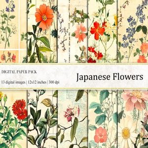 Papier numérique fleurs japonaises, papier botanique, impression herboristerie, plantes vintage, collage botanique, papier journal indésirable, botanique vintage