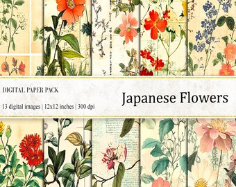 Japanese Flowers Digital Paper: Vintage Botanical Collage (12x12 inches)