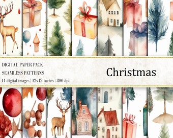 Papeles digitales navideños de acuarela: Fondos festivos (descarga digital)