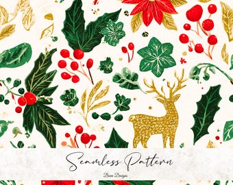 Peut inclure: Motif sans couture festif de Noël. Le design comprend des poinsettias rouges, des feuilles de houx, des baies et un renne doré sur fond blanc. Les mots "Seamless Pattern" sont écrits en police script.