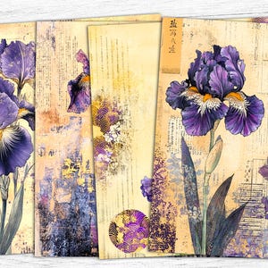 Könnte beinhalten: Ein Set aus vier digitalen Hintergrundpapieren mit violetten Irisblüten mit gelben Akzenten auf einem strukturierten Hintergrund im Vintage-Stil. Die Papiere enthalten japanisch inspirierte Muster und Text.