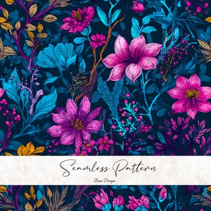 May include: Seamless floral pattern featuring vibrant pink, purple, and turquoise flowers and foliage against a dark navy background. The design includes detailed botanical illustrations with the text "Seamless Pattern" and "Benn Designs".
