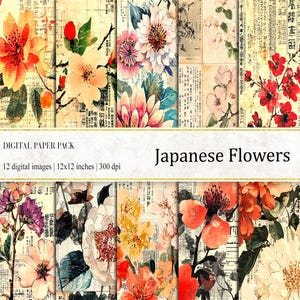 Papier numérique fleurs japonaises, impression botanique, botanique vintage, plantes vintage, journal japonais, papier journal indésirable, fond asiatique