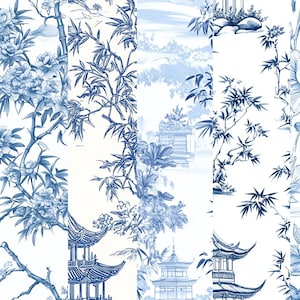 Blue Toile de Jouy Digital Paper: Chinoiserie Floral Patterns (12x12 inch PNG) (Digital Download) image 2