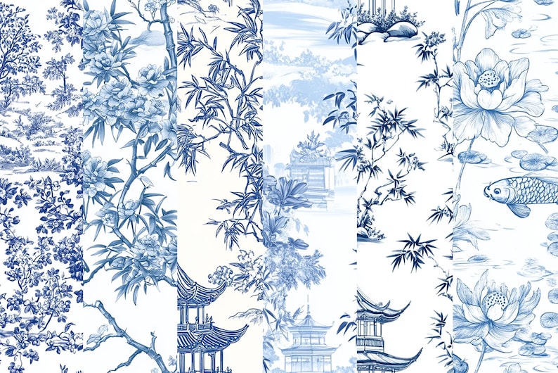 Blue Toile de Jouy Digital Paper: Chinoiserie Floral Patterns (12x12 inch PNG) (Digital Download) image 2