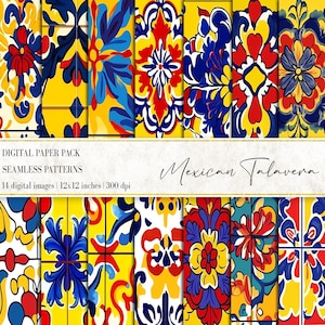 Puede incluir: Un conjunto de 14 imágenes digitales con patrones sin costuras de estilo Talavera mexicano. Los diseños presentan motivos florales y geométricos vibrantes en rojo, azul y amarillo, cada imagen mide 30.48 cm x 30.48 cm a 300 dpi.