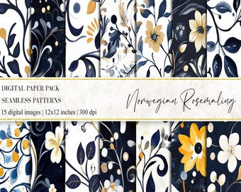 Norwegian Rosemaling Digital Papers: Floral Scrapbook Paper (PNG)