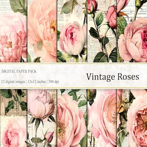Vintage Roses Digital Papers, Ephemera Flower Papers, Junk Journal Pages, Vintage Newspapers, Rose Background, Roses Scrapbooking Paper