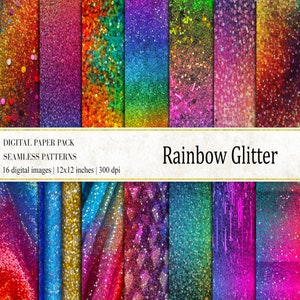 Pode incluir: Um pacote de papel digital com padrões de glitter arco-íris sem costura. A imagem mostra 16 imagens digitais, cada uma com 30,48 cm x 30,48 cm, exibindo uma variedade de cores e texturas. O texto "Rainbow Glitter" também é visível.
