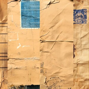 May include: A close-up of a brown paper envelope with a blue stamp and some writing. The envelope is old and worn, with creases and tears.