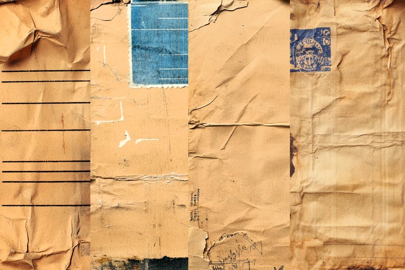 May include: A close-up of a brown paper envelope with a blue stamp and some writing. The envelope is old and worn, with creases and tears.