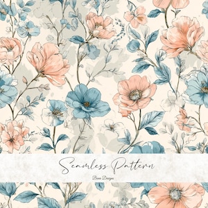 May include: Seamless floral pattern featuring peach and blue flowers with green leaves on a cream background. The design includes the text "Seamless Pattern" and "Bena Designs".