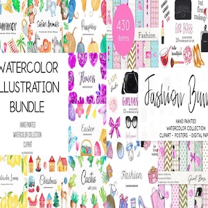 K&ouml;nnte beinhalten: Eine Sammlung von Aquarell-Illustrationen zu verschiedenen Themen, darunter Sommer, Herbst, Blumen, Mode und mehr. Die Illustrationen sind handgemalt und umfassen Cliparts, Poster und digitale Papiere. Die Sommerkollektion umfasst 300 Artikel und die Modekollektion 430 Artikel.