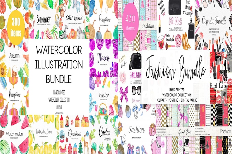 K&ouml;nnte beinhalten: Eine Sammlung von Aquarell-Illustrationen zu verschiedenen Themen, darunter Sommer, Herbst, Blumen, Mode und mehr. Die Illustrationen sind handgemalt und umfassen Cliparts, Poster und digitale Papiere. Die Sommerkollektion umfasst 300 Artikel und die Modekollektion 430 Artikel.