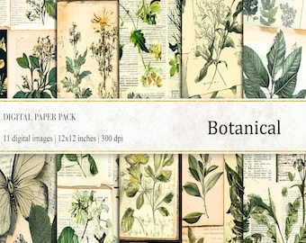 May include: A digital paper pack with 11 botanical illustrations on a vintage background. The images are 12x12 inches and 300 dpi. The text "Botanical" is at the top of the image.