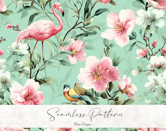 Watercolor Tropical Flamingo Seamless Pattern: Hibiscus and Bird Fabric Print (Digital Download)