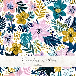 Op de afbeelding: Naadloos bloemenpatroon met een verscheidenheid aan kleurrijke bloemen en bladeren. Het ontwerp bevat roze, gele, turquoise en blauwe bloemen, samen met groene en gouden bladeren, allemaal tegen een witte achtergrond. De tekst "Seamless Pattern" en "Bena Designs" is ook zichtbaar.