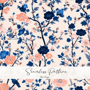 May include: Seamless pattern featuring a floral design with navy blue and coral flowers, and blue leaves on a cream background. The pattern includes the text "Seamless Pattern" and "Benn Designs".